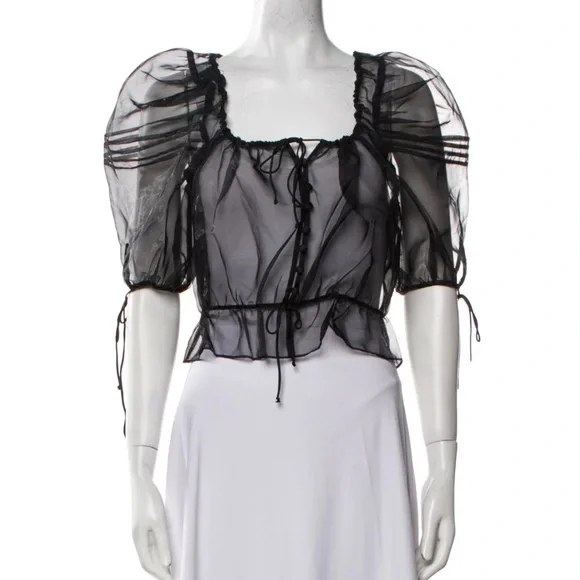 For Love & Lemons Sheer Black Puff Sleeve Tie-Front Top - Picture 1 of 1